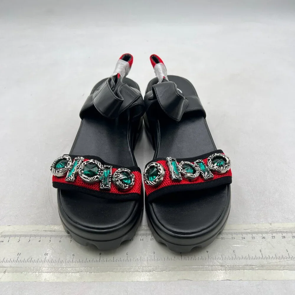 Black Crystal Women Platform Heels Sandal Open Toe Ankle Strap Clogs Shoes
